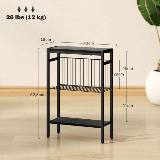 HOMCOM Mesa Auxiliar Estreita de 3 Níveis Mesinha Auxiliar Industrial com Prateleiras Abertas e Estrutura de Aço para Sala de Estar Quarto 43x18x62,5 cm Preto
