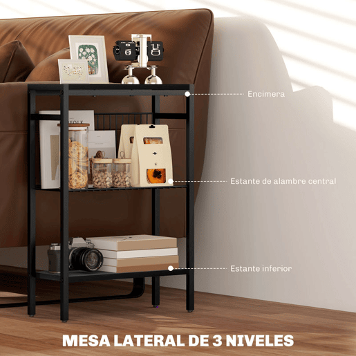 HOMCOM Mesa Auxiliar Estreita de 3 Níveis Mesinha Auxiliar Industrial com Prateleiras Abertas e Estrutura de Aço para Sala de Estar Quarto 43x18x62,5 cm Preto