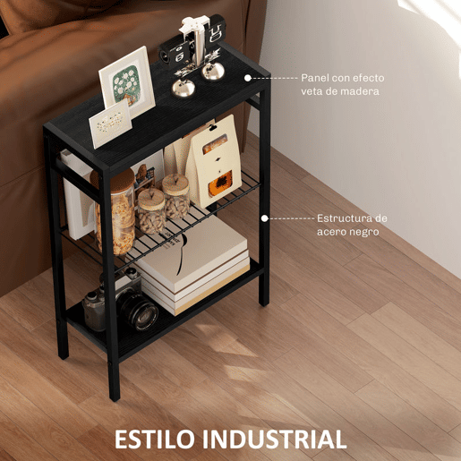 HOMCOM Mesa Auxiliar Estreita de 3 Níveis Mesinha Auxiliar Industrial com Prateleiras Abertas e Estrutura de Aço para Sala de Estar Quarto 43x18x62,5 cm Preto
