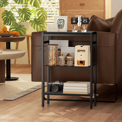 HOMCOM Mesa Auxiliar Estreita de 3 Níveis Mesinha Auxiliar Industrial com Prateleiras Abertas e Estrutura de Aço para Sala de Estar Quarto 43x18x62,5 cm Preto