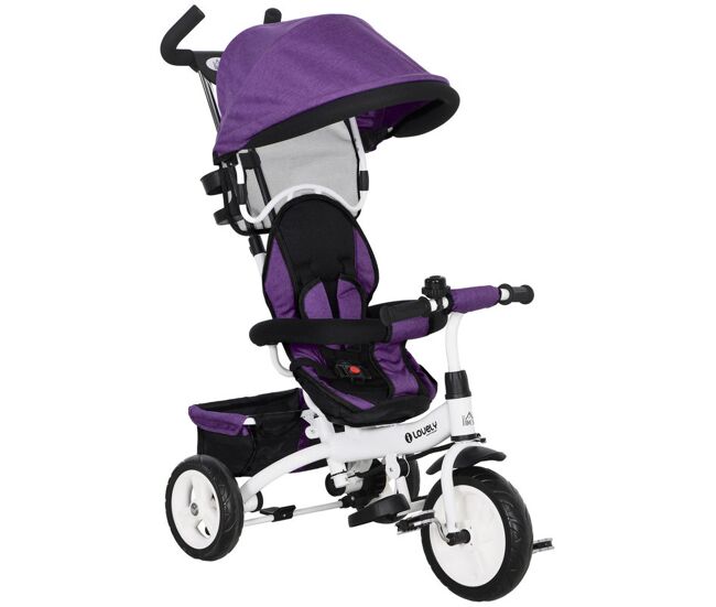 Homcom triciclo evolutivo para bebés 6 en 1 triciclo para niños de 1-5 años bicicleta para niños con toldo plegable mango telescópico desmontable cinturón de seguridad y cesto 95x50x106 cm violeta