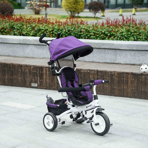 HOMCOM Triciclo para Bebés 2 em 1 Triciclo Evolutivo para Crianças de +12 Meses com Toldo Dobrável Guiador Telescópico e Removível Cinto de Segurança e Cesto 95x50x106 cm Roxo