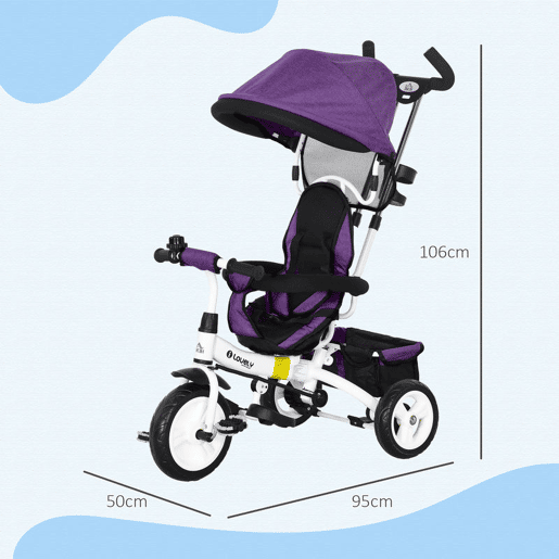 HOMCOM Triciclo para Bebés 2 em 1 Triciclo Evolutivo para Crianças de +12 Meses com Toldo Dobrável Guiador Telescópico e Removível Cinto de Segurança e Cesto 95x50x106 cm Roxo
