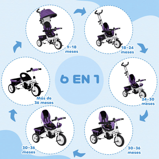 HOMCOM Triciclo para Bebés 2 em 1 Triciclo Evolutivo para Crianças de +12 Meses com Toldo Dobrável Guiador Telescópico e Removível Cinto de Segurança e Cesto 95x50x106 cm Roxo