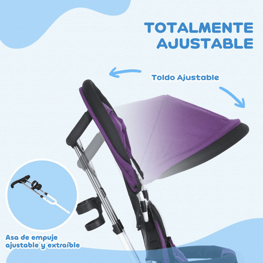 HOMCOM Triciclo para Bebés 2 em 1 Triciclo Evolutivo para Crianças de +12 Meses com Toldo Dobrável Guiador Telescópico e Removível Cinto de Segurança e Cesto 95x50x106 cm Roxo