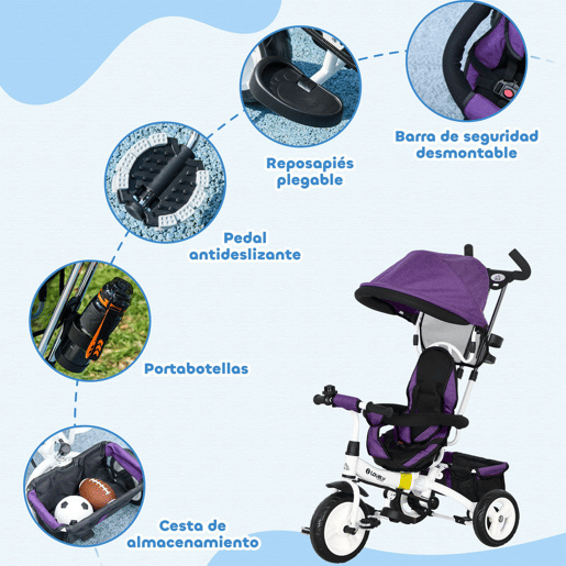 HOMCOM Triciclo para Bebés 2 em 1 Triciclo Evolutivo para Crianças de +12 Meses com Toldo Dobrável Guiador Telescópico e Removível Cinto de Segurança e Cesto 95x50x106 cm Roxo