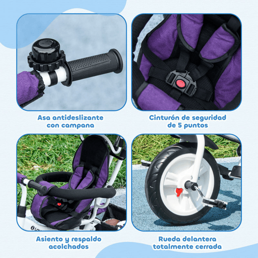 HOMCOM Triciclo para Bebés 2 em 1 Triciclo Evolutivo para Crianças de +12 Meses com Toldo Dobrável Guiador Telescópico e Removível Cinto de Segurança e Cesto 95x50x106 cm Roxo