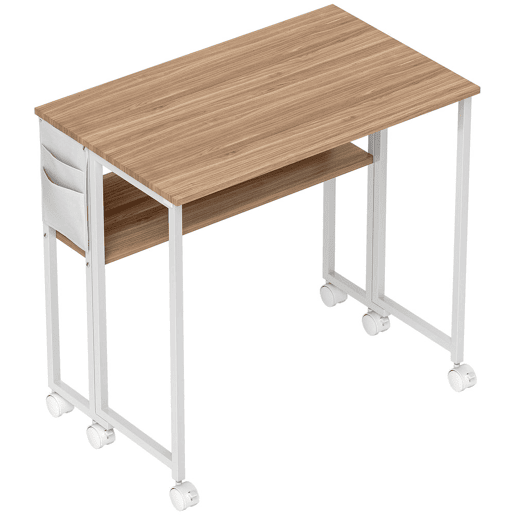 HOMCOM Secretária Dobrável com Rodas e Prateleira Mesa Secretária Compacta com Bolsa de Armazenamento Mesa para Computador Portátil para Casa Escritório Espaços Pequenos 80x50x75 cm Madeira e Branco