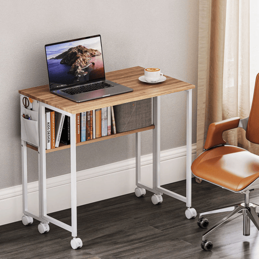 HOMCOM Secretária Dobrável com Rodas e Prateleira Mesa Secretária Compacta com Bolsa de Armazenamento Mesa para Computador Portátil para Casa Escritório Espaços Pequenos 80x50x75 cm Madeira e Branco