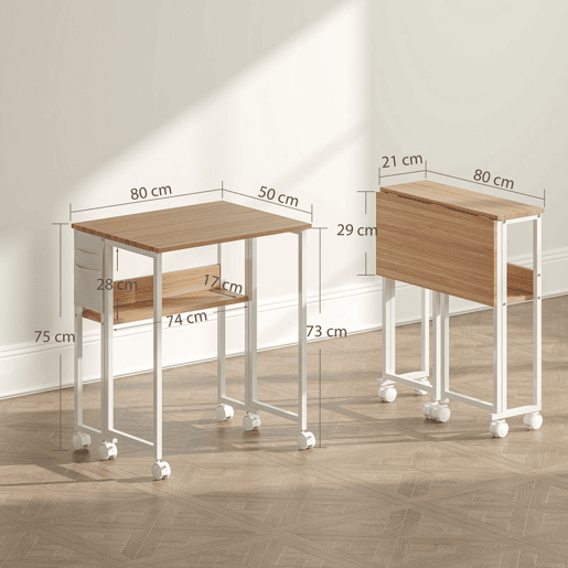 HOMCOM Secretária Dobrável com Rodas e Prateleira Mesa Secretária Compacta com Bolsa de Armazenamento Mesa para Computador Portátil para Casa Escritório Espaços Pequenos 80x50x75 cm Madeira e Branco