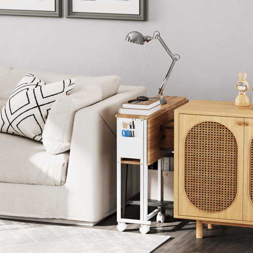 HOMCOM Secretária Dobrável com Rodas e Prateleira Mesa Secretária Compacta com Bolsa de Armazenamento Mesa para Computador Portátil para Casa Escritório Espaços Pequenos 80x50x75 cm Madeira e Branco