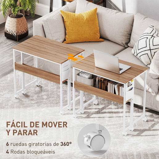 HOMCOM Secretária Dobrável com Rodas e Prateleira Mesa Secretária Compacta com Bolsa de Armazenamento Mesa para Computador Portátil para Casa Escritório Espaços Pequenos 80x50x75 cm Madeira e Branco