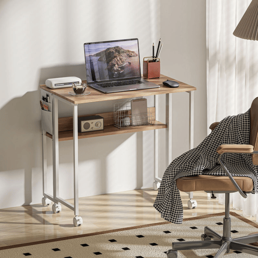 HOMCOM Secretária Dobrável com Rodas e Prateleira Mesa Secretária Compacta com Bolsa de Armazenamento Mesa para Computador Portátil para Casa Escritório Espaços Pequenos 80x50x75 cm Madeira e Branco