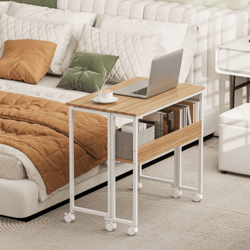 HOMCOM Secretária Dobrável com Rodas e Prateleira Mesa Secretária Compacta com Bolsa de Armazenamento Mesa para Computador Portátil para Casa Escritório Espaços Pequenos 80x50x75 cm Madeira e Branco