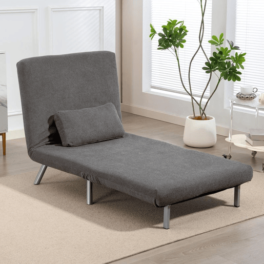 HOMCOM Sofá Cama de Uma Praça 3 em 1 Sofá Dobrável Revestido em Tecido Cinzento Mesclado com Encosto Ajustável em 5 Níveis e Almofada para Escritório Quarto Sala 80x75x83 cm