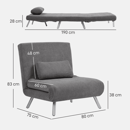 HOMCOM Sofá Cama de Uma Praça 3 em 1 Sofá Dobrável Revestido em Tecido Cinzento Mesclado com Encosto Ajustável em 5 Níveis e Almofada para Escritório Quarto Sala 80x75x83 cm
