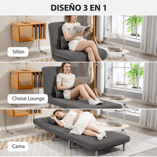 HOMCOM Sofá Cama de Uma Praça 3 em 1 Sofá Dobrável Revestido em Tecido Cinzento Mesclado com Encosto Ajustável em 5 Níveis e Almofada para Escritório Quarto Sala 80x75x83 cm