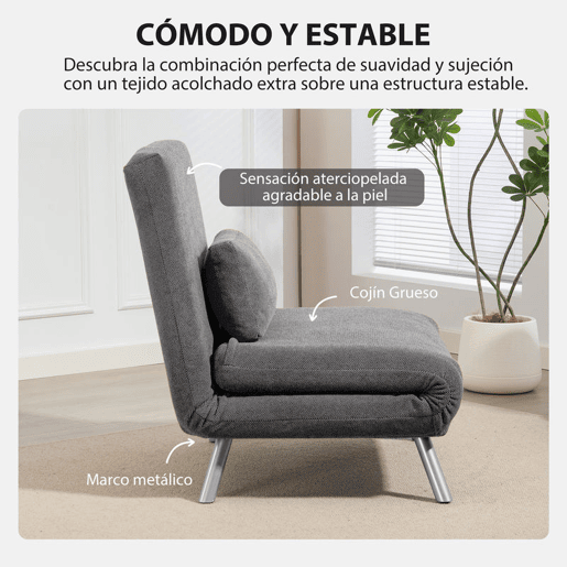HOMCOM Sofá Cama de Uma Praça 3 em 1 Sofá Dobrável Revestido em Tecido Cinzento Mesclado com Encosto Ajustável em 5 Níveis e Almofada para Escritório Quarto Sala 80x75x83 cm