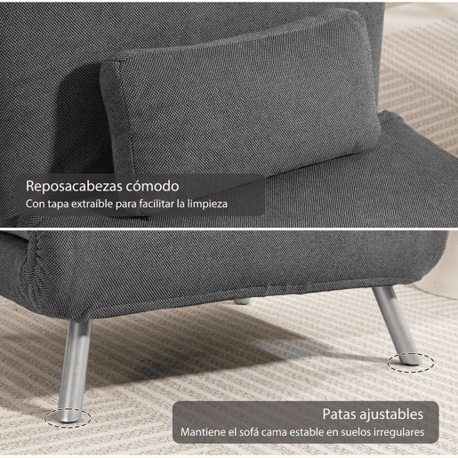 HOMCOM Sofá Cama de Uma Praça 3 em 1 Sofá Dobrável Revestido em Tecido Cinzento Mesclado com Encosto Ajustável em 5 Níveis e Almofada para Escritório Quarto Sala 80x75x83 cm