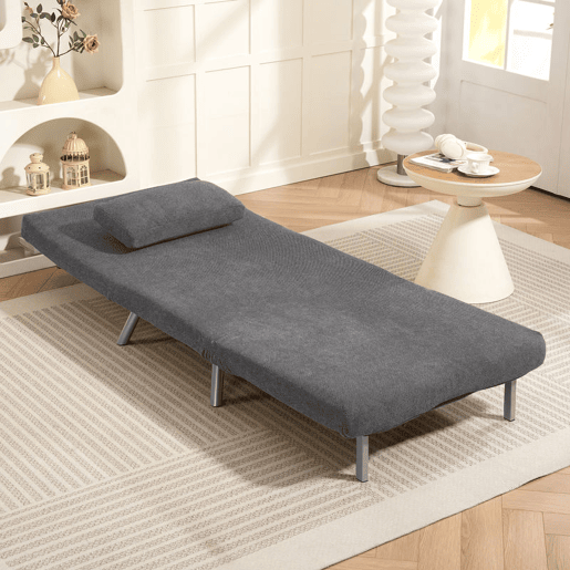 HOMCOM Sofá Cama de Uma Praça 3 em 1 Sofá Dobrável Revestido em Tecido Cinzento Mesclado com Encosto Ajustável em 5 Níveis e Almofada para Escritório Quarto Sala 80x75x83 cm