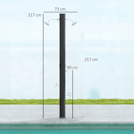 Outsunny Duche de Jardim Solar 35 L Duche Solar Exterior com 2 Cabeçais Giratórios Torneiras para Pés e Água Quente Até 55 °C para Piscina Campismo Pátio 73x18x217 cm Preto
