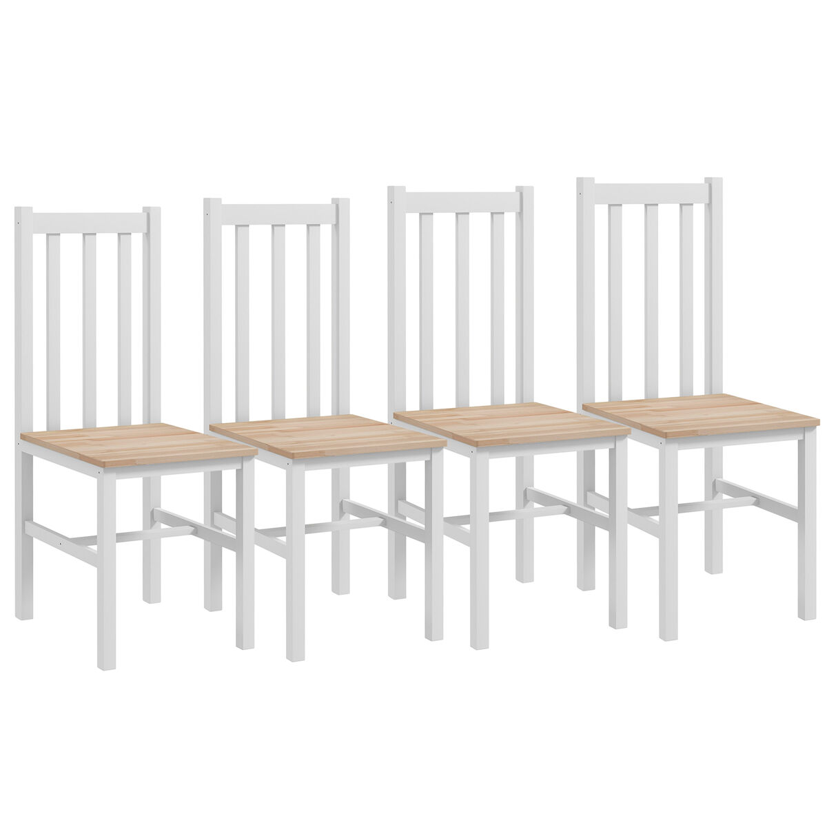 Homcom juego de 4 sillas de comedor de madera de pino, sillas de cocina con respaldo alto de listones, para comedor, salón, blanco y natural