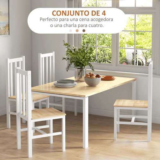 HOMCOM Conjunto de 4 Cadeiras de Sala de Jantar Cadeiras de Cozinha com Encosto de Ripas Estrutura de Madeira de Pinho para Sala de Estar Capacidade 120 kg 38,5x47,5x99 cm Branco