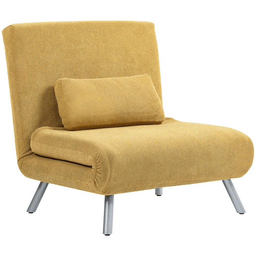 HOMCOM Sofá Cama de 1 Lugar 3 em 1 Sofá Dobrável Estofado em Tecido Amarelo Mesclado com Encosto Ajustável em 5 Níveis e Almofada para Escritório Quarto Sala 80x75x83 cm