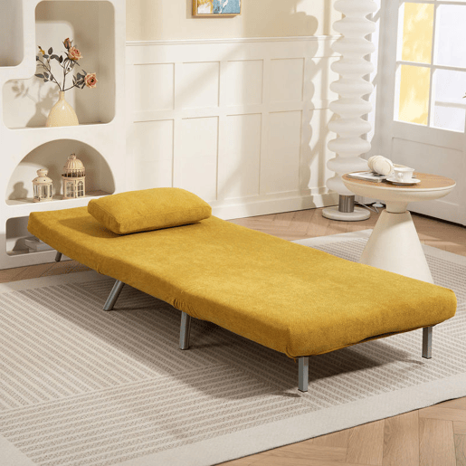 HOMCOM Sofá Cama de 1 Lugar 3 em 1 Sofá Dobrável Estofado em Tecido Amarelo Mesclado com Encosto Ajustável em 5 Níveis e Almofada para Escritório Quarto Sala 80x75x83 cm