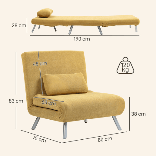 HOMCOM Sofá Cama de 1 Lugar 3 em 1 Sofá Dobrável Estofado em Tecido Amarelo Mesclado com Encosto Ajustável em 5 Níveis e Almofada para Escritório Quarto Sala 80x75x83 cm