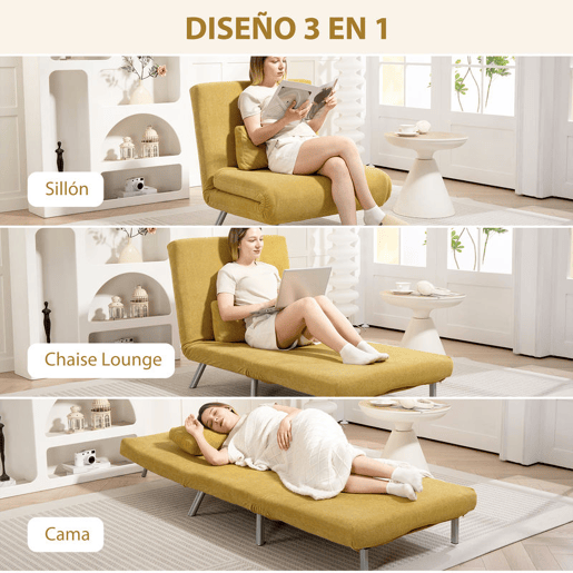 HOMCOM Sofá Cama de 1 Lugar 3 em 1 Sofá Dobrável Estofado em Tecido Amarelo Mesclado com Encosto Ajustável em 5 Níveis e Almofada para Escritório Quarto Sala 80x75x83 cm