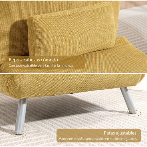 HOMCOM Sofá Cama de 1 Lugar 3 em 1 Sofá Dobrável Estofado em Tecido Amarelo Mesclado com Encosto Ajustável em 5 Níveis e Almofada para Escritório Quarto Sala 80x75x83 cm