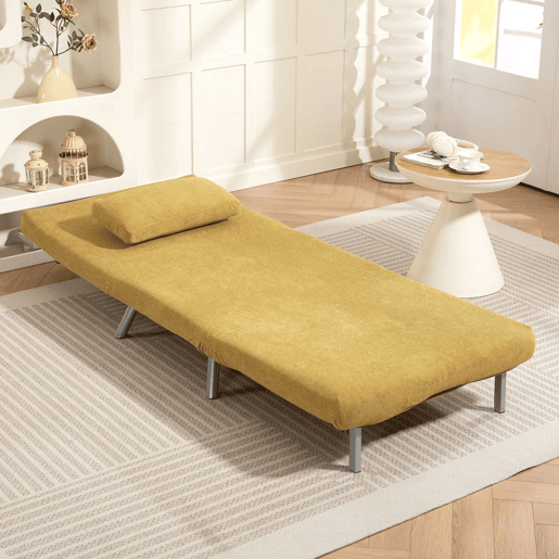 HOMCOM Sofá Cama de 1 Lugar 3 em 1 Sofá Dobrável Estofado em Tecido Amarelo Mesclado com Encosto Ajustável em 5 Níveis e Almofada para Escritório Quarto Sala 80x75x83 cm