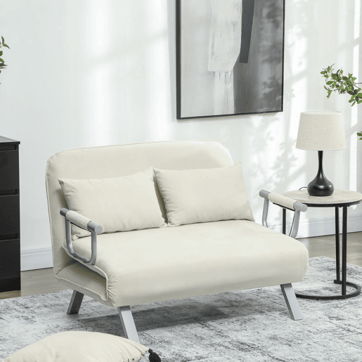 HOMCOM Sofá Cama de 2 Lugares Sofá Cama Pequeno Estofado em Camurça Sintética com Encosto Ajustável em 5 Níveis e 2 Almofadas Acolchoadas para Escritório Dormitório Sala de Estar 111x80x78 cm Bege