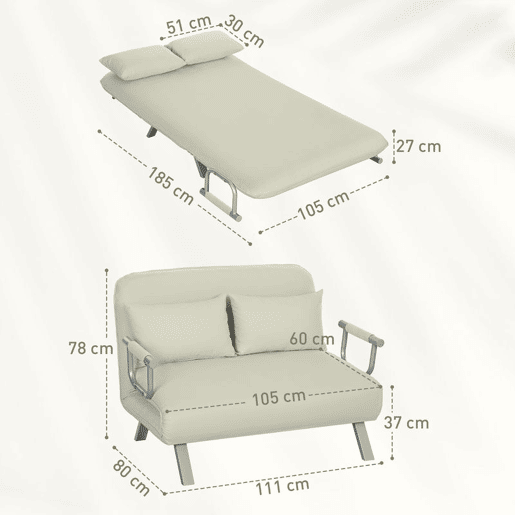 HOMCOM Sofá Cama de 2 Lugares Sofá Cama Pequeno Estofado em Camurça Sintética com Encosto Ajustável em 5 Níveis e 2 Almofadas Acolchoadas para Escritório Dormitório Sala de Estar 111x80x78 cm Bege