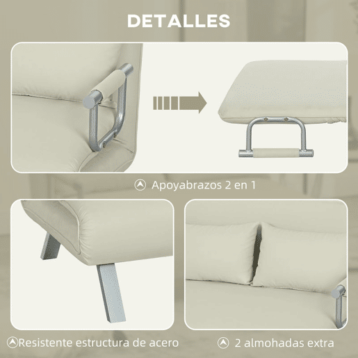 HOMCOM Sofá Cama de 2 Lugares Sofá Cama Pequeno Estofado em Camurça Sintética com Encosto Ajustável em 5 Níveis e 2 Almofadas Acolchoadas para Escritório Dormitório Sala de Estar 111x80x78 cm Bege