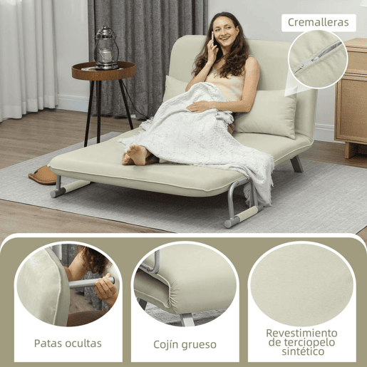 HOMCOM Sofá Cama de 2 Lugares Sofá Cama Pequeno Estofado em Camurça Sintética com Encosto Ajustável em 5 Níveis e 2 Almofadas Acolchoadas para Escritório Dormitório Sala de Estar 111x80x78 cm Bege