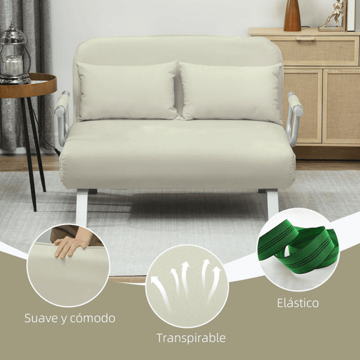 HOMCOM Sofá Cama de 2 Lugares Sofá Cama Pequeno Estofado em Camurça Sintética com Encosto Ajustável em 5 Níveis e 2 Almofadas Acolchoadas para Escritório Dormitório Sala de Estar 111x80x78 cm Bege