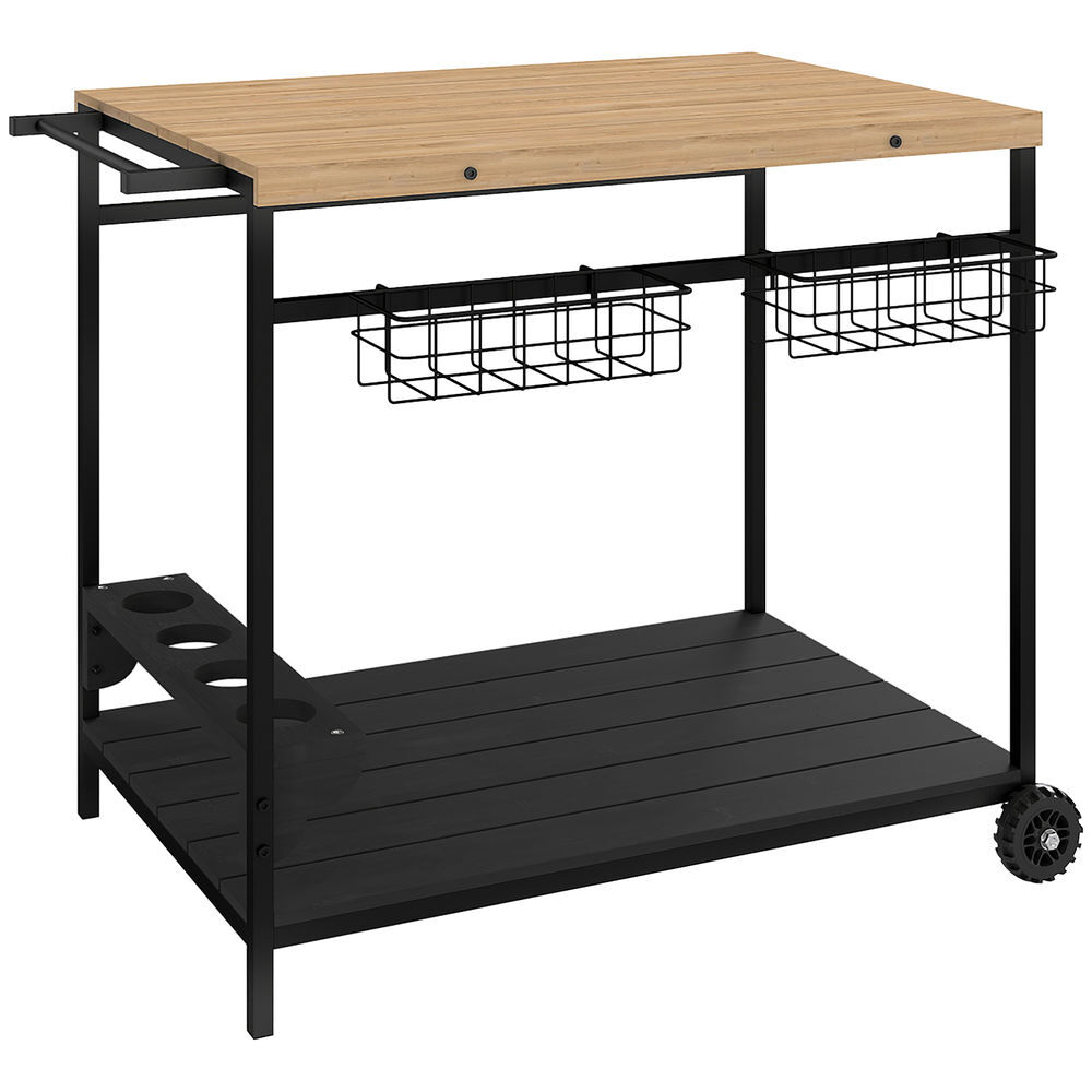 Outsunny camarera con ruedas de madera carro de servicio con 2 estantes 2 cestas metálicas y soportes para botellas para jardín terraza patio 97,5x65x81 cm natural y negro