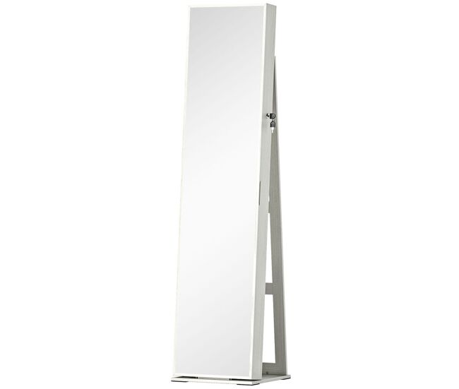 Homcom espejo joyero de pie armario joyero con luces led y cerradura armario de joyas con espejo integrada para dormitorio blanco con veta de madera