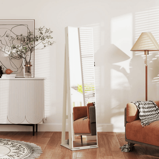 HOMCOM Joalheiro de Pé Armário para Joias com 6 Luzes LED Fechadura Organizador de Joias com Prateleiras Suportes para Anéis 38x38x157cm Branco e Bege