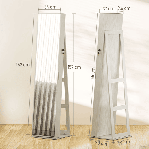 HOMCOM Joalheiro de Pé Armário para Joias com 6 Luzes LED Fechadura Organizador de Joias com Prateleiras Suportes para Anéis 38x38x157cm Branco e Bege