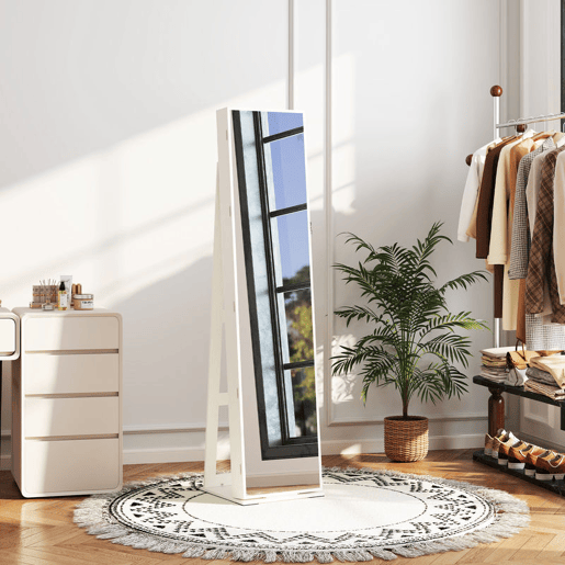 HOMCOM Joalheiro de Pé Armário para Joias com 6 Luzes LED Fechadura Organizador de Joias com Prateleiras Suportes para Anéis 38x38x157cm Branco e Bege