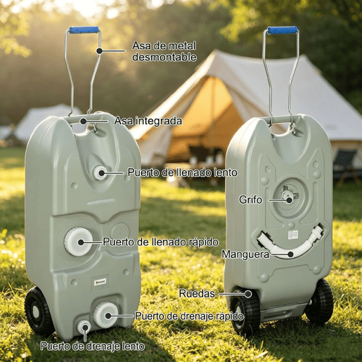 Outsunny Depósito de Água 40 L com Rodas Depósito de Água Portátil com Pega Metálica e Torneira para Caravanas Autocaravanas Campismo ao Ar Livre 37x23x80 cm Cinzento