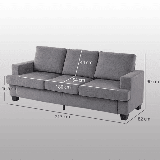 HOMCOM Sofá de 3 Lugares Sofá Sala de Estar 213x80x90 cm Estofado em Chenille Almofadado Grosso Estrutura de Aço Desenho Moderno para Sala de Estar Quarto Cinzento