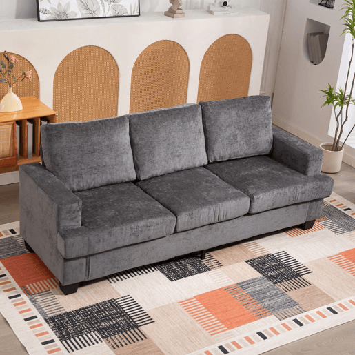 HOMCOM Sofá de 3 Lugares Sofá Sala de Estar 213x80x90 cm Estofado em Chenille Almofadado Grosso Estrutura de Aço Desenho Moderno para Sala de Estar Quarto Cinzento