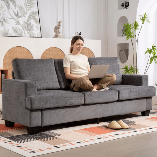 HOMCOM Sofá de 3 Lugares Sofá Sala de Estar 213x80x90 cm Estofado em Chenille Almofadado Grosso Estrutura de Aço Desenho Moderno para Sala de Estar Quarto Cinzento