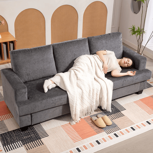 HOMCOM Sofá de 3 Lugares Sofá Sala de Estar 213x80x90 cm Estofado em Chenille Almofadado Grosso Estrutura de Aço Desenho Moderno para Sala de Estar Quarto Cinzento