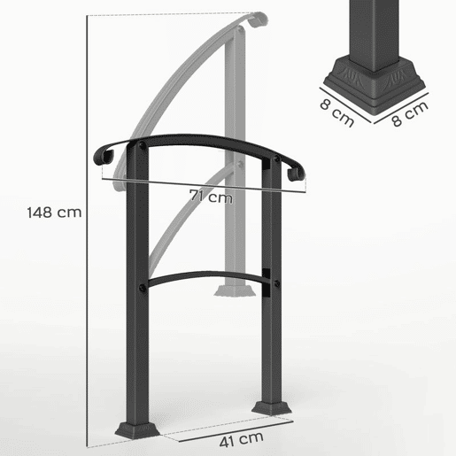 Outsunny Guarda Corpo para Escada 71 cm Guarda Corpo Metálico com Kit de Instalação Ângulo Ajustável para 1-3 Degraus 71x8x148 cm Preto