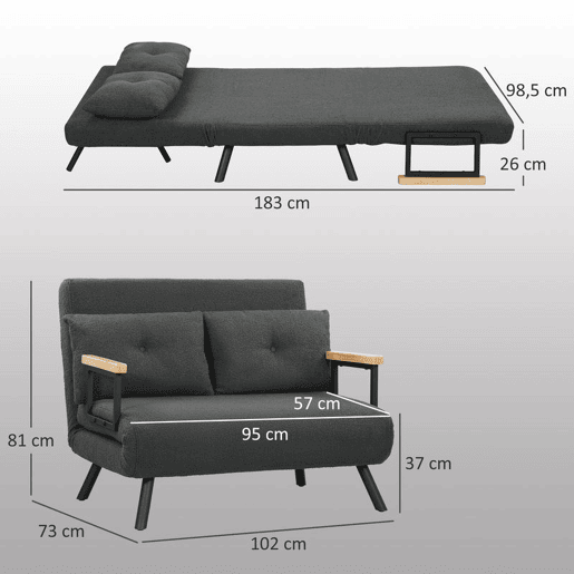 HOMCOM Sofá Cama Sofá Convertível em Cama de 2 Lugares Dobrável com Encosto Ajustável em 5 Níveis e 2 Almofadas Acolchoadas para Escritório Dormitório Sala de Estar 102x73x81 cm Cinza